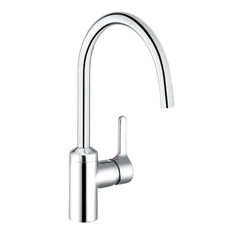 Kludi Armatur in verchromter Oberfläche mit hohem, gebogenem Auslauf und einem seitlichen Hebel zur Regelung des Wasserflusses.